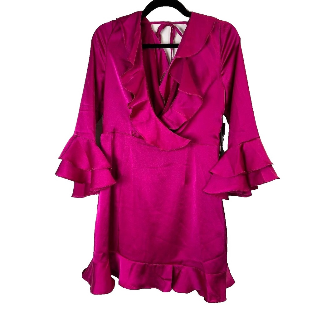 Lulus Fuchsia Pink‎ Satin Ruffle Mini Dress Bell Sleeve Size L NWT Party Dress